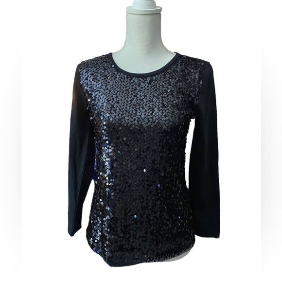 J.Crew, size XS black sequined long sleeve t-shirt. Sequins. Cotton & polyester - Picture 1 of 9